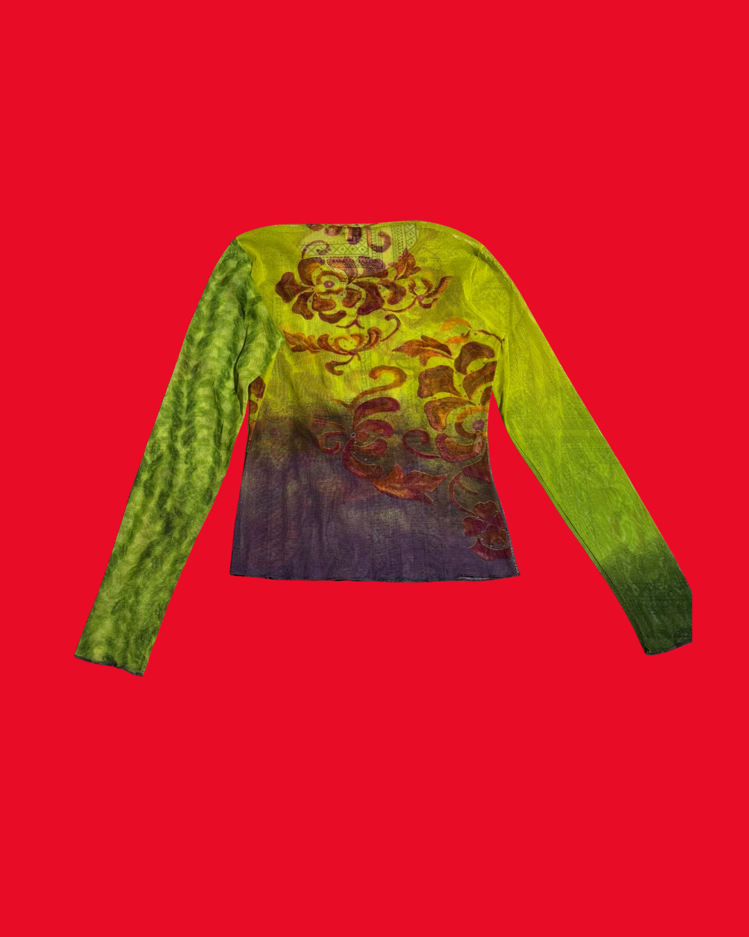 Y2K Sheer Mesh Long Sleeve Top – Green Ombré Abstract Floral Top (Size 10)