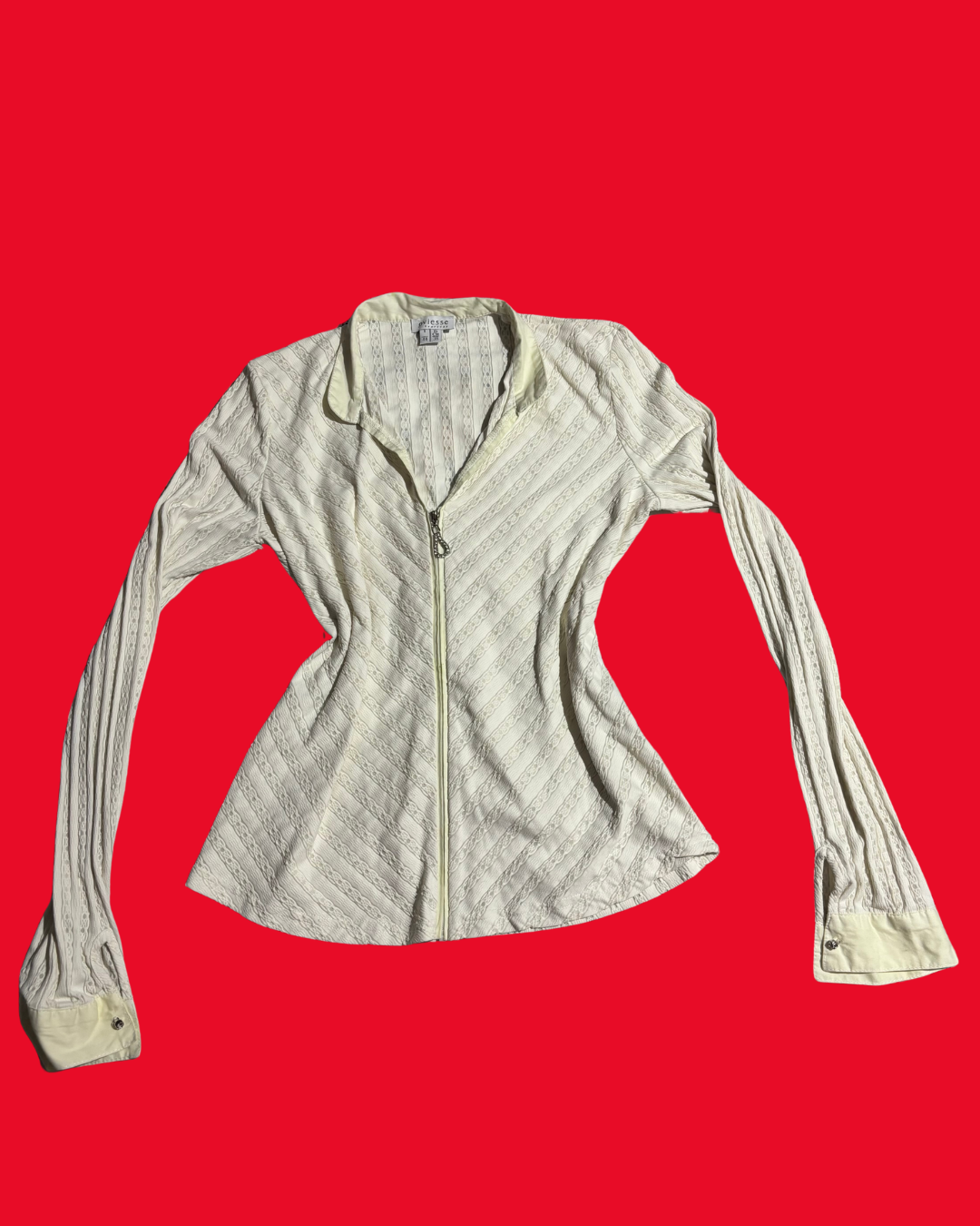 Y2K Zip Front Fitted Top – Cream Textured Long Sleeve Zip Blouse (Size S 8–10)