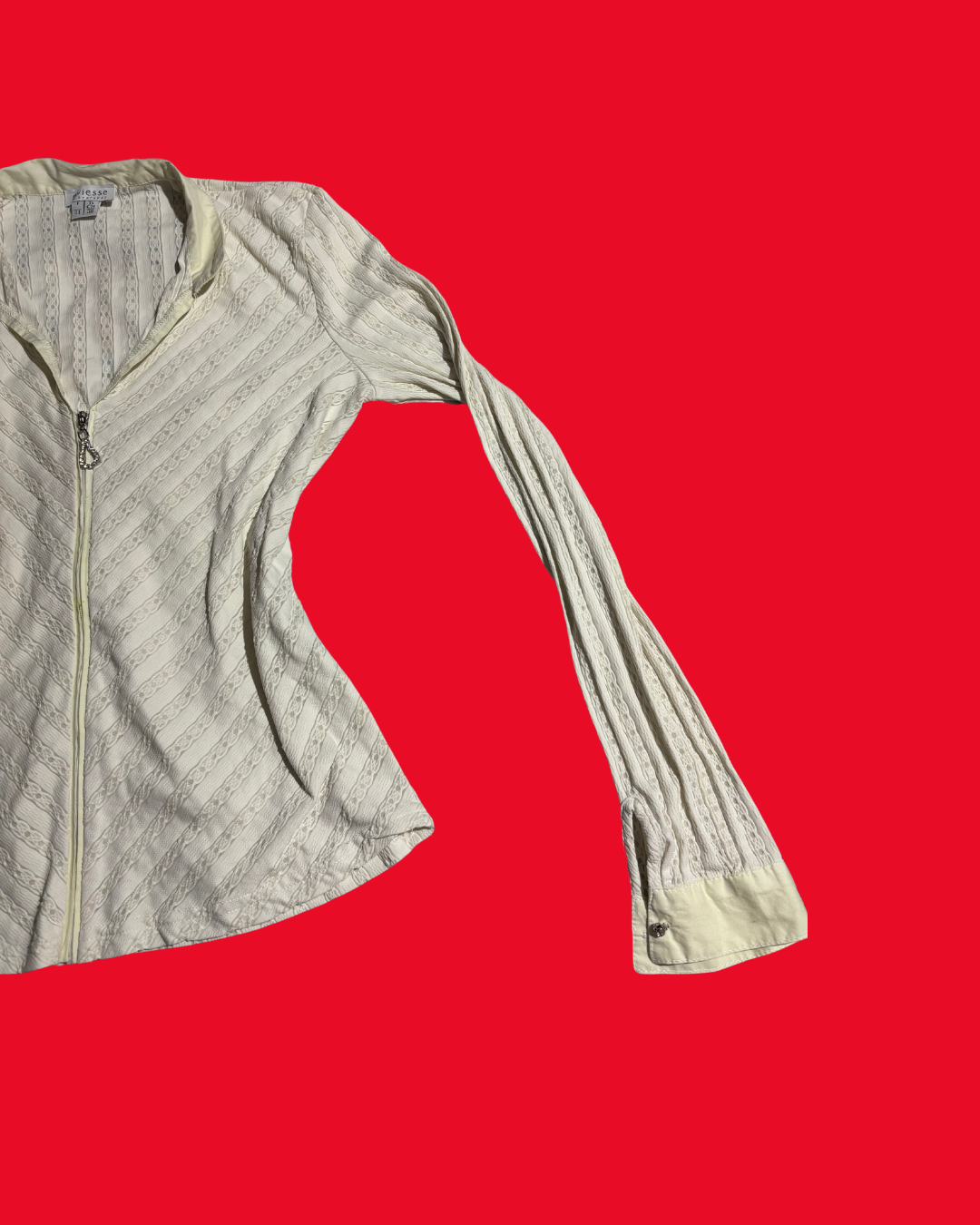 Y2K Zip Front Fitted Top – Cream Textured Long Sleeve Zip Blouse (Size S 8–10)