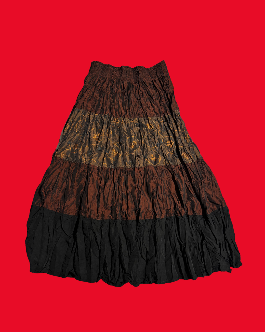 Boho Tiered Maxi Skirt – Brown & Black Crinkle Patchwork Skirt (Size 8)