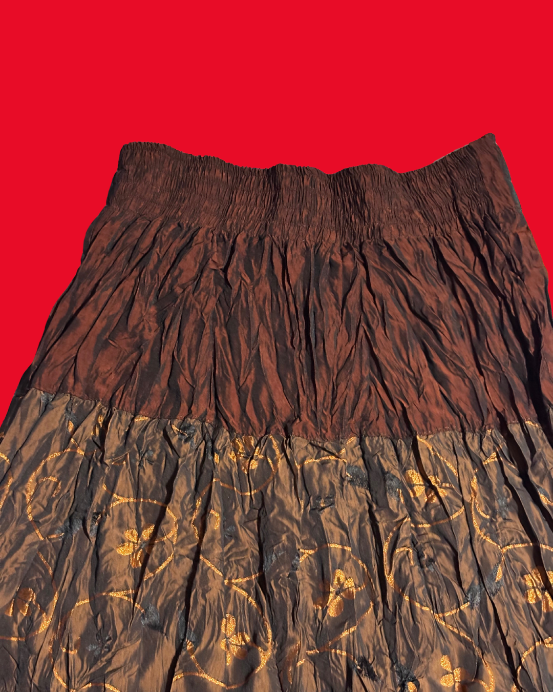 Boho Tiered Maxi Skirt – Brown & Black Crinkle Patchwork Skirt (Size 8)