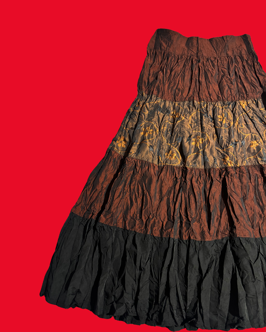 Boho Tiered Maxi Skirt – Brown & Black Crinkle Patchwork Skirt (Size 8)