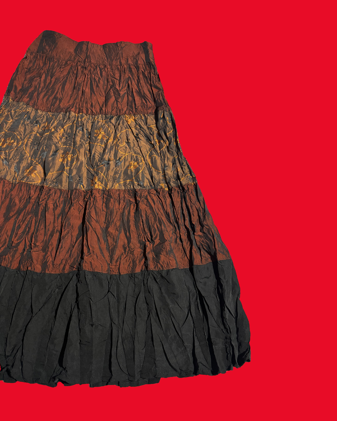 Boho Tiered Maxi Skirt – Brown & Black Crinkle Patchwork Skirt (Size 8)