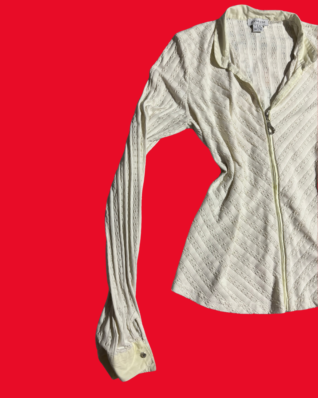 Y2K Zip Front Fitted Top – Cream Textured Long Sleeve Zip Blouse (Size S 8–10)