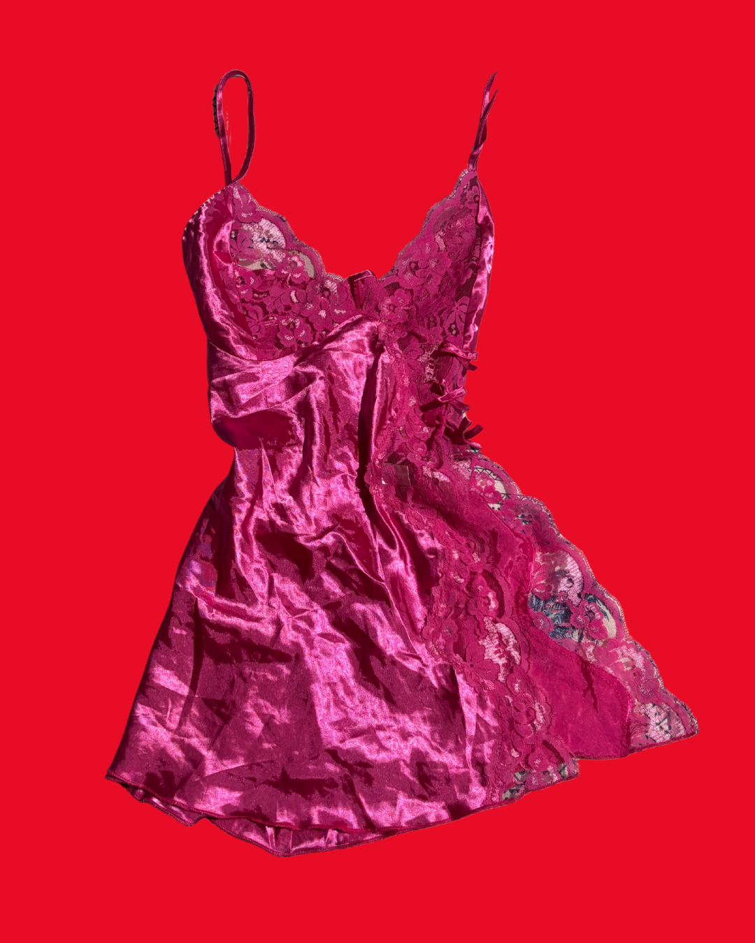 Coquette Satin Lace Babydoll Dress – Deep Pink Romantic Mini Slip Dress (Size 8)