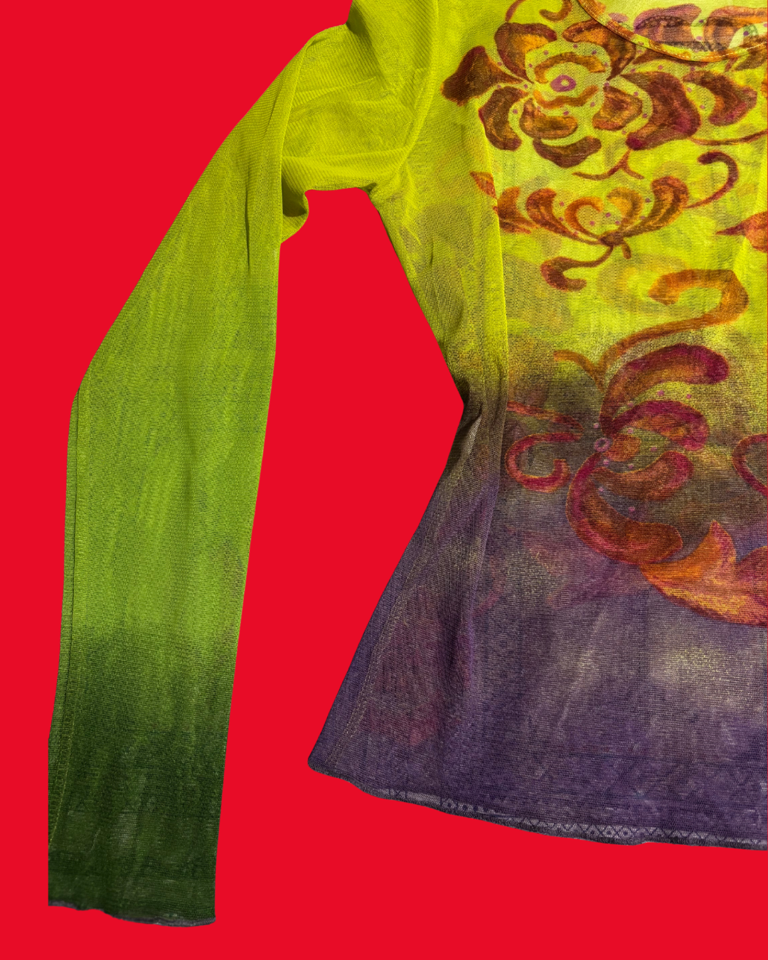 Y2K Sheer Mesh Long Sleeve Top – Green Ombré Abstract Floral Top (Size 10)