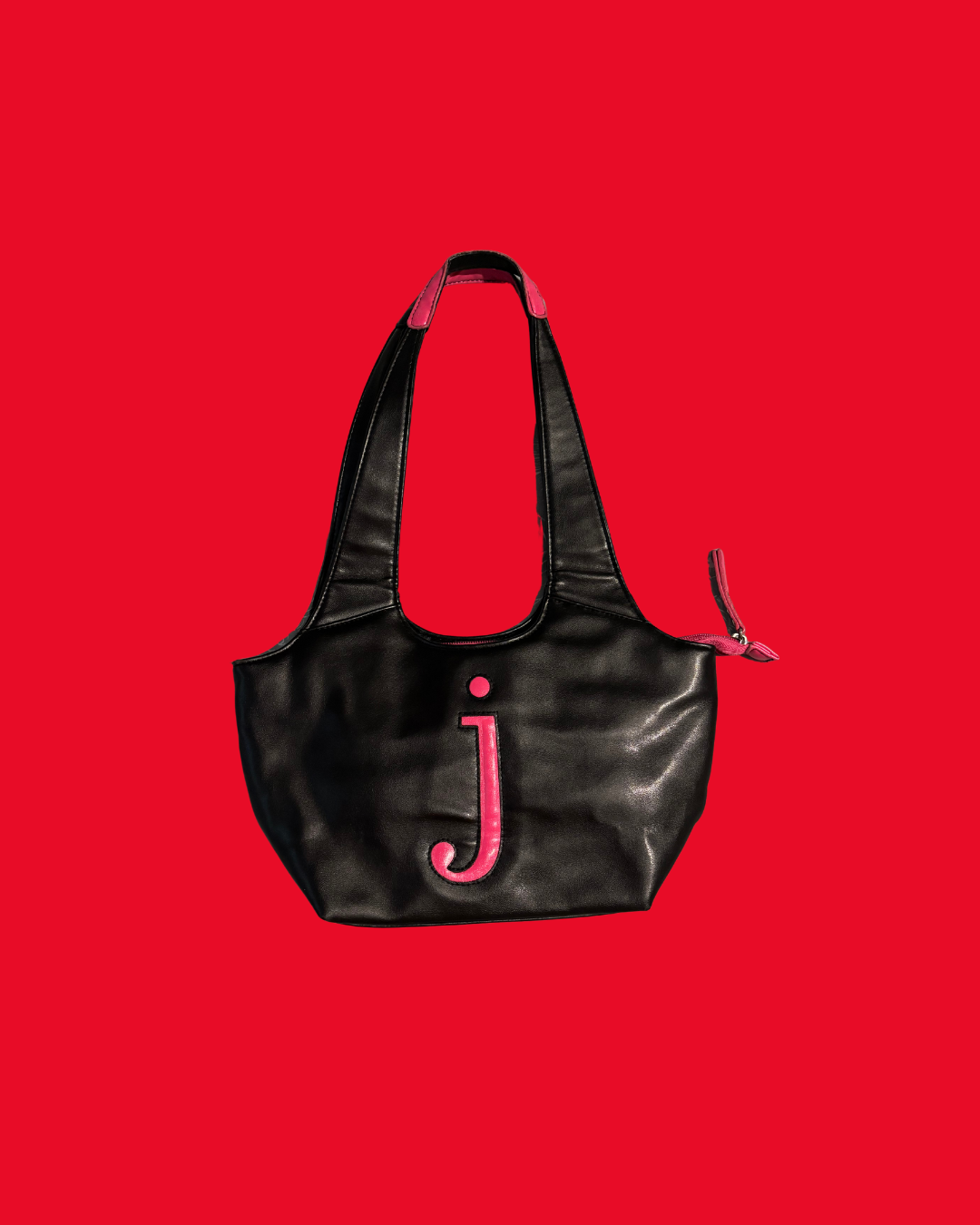 Black Faux Leather Shoulder Bag with Pink Initial "J" | Vintage Style