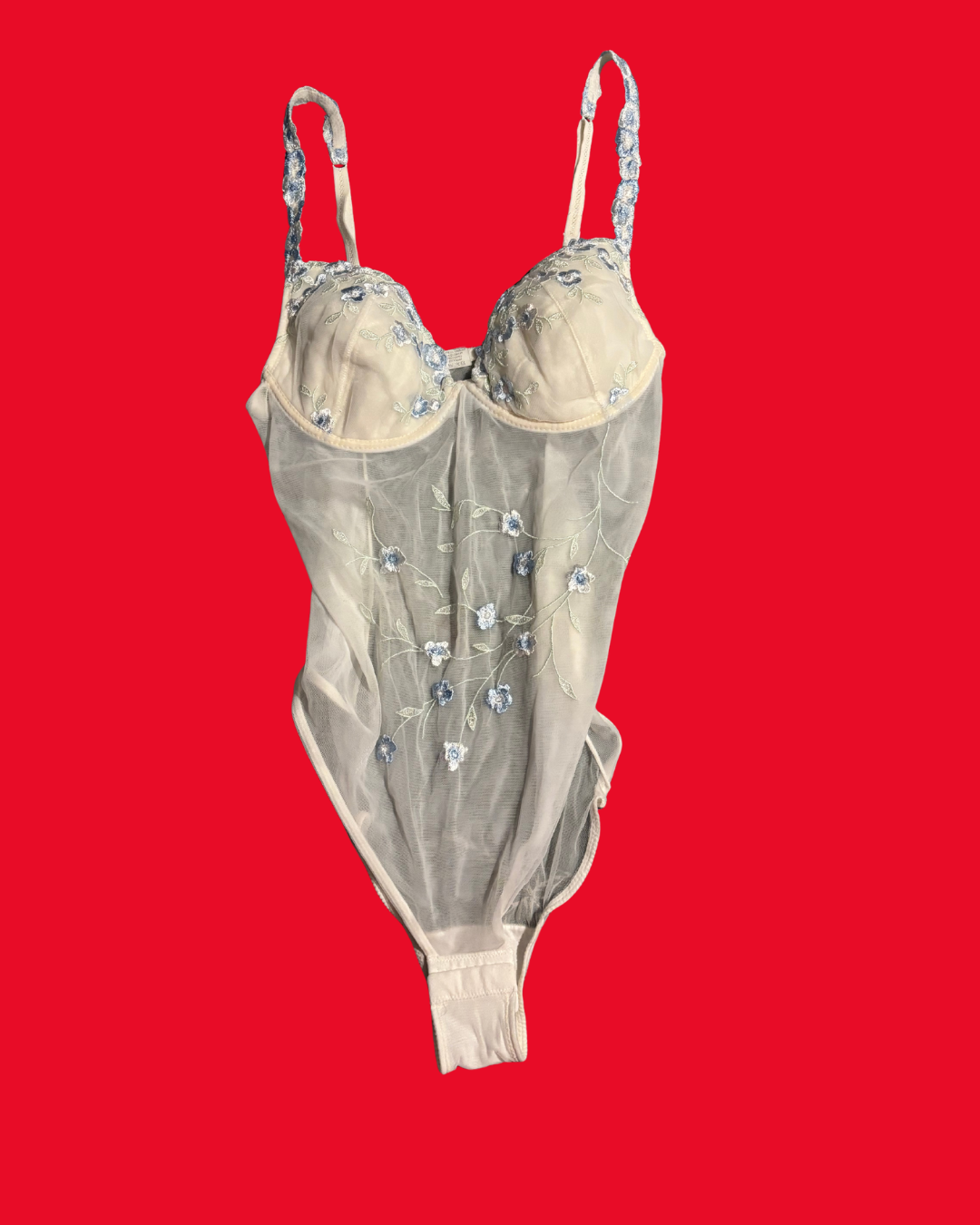 Y2K Embroidered Corset Mesh Bodysuit – Coquette White & Blue Size 8