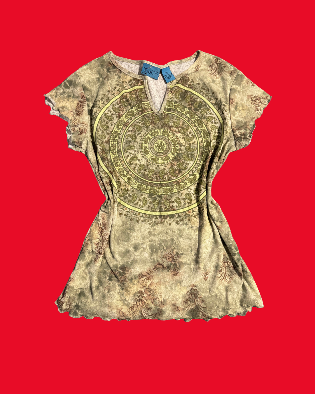 Whimsical Y2K Mandala Tie Dye Top in Neutral Green – Size Small