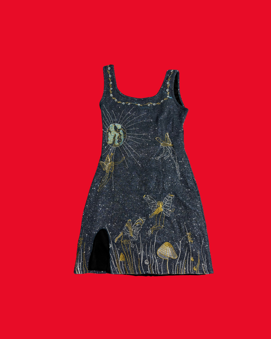 Fairycore Celestial Mini Dress – Embroidered Fairy Moon Sparkle Dress (Size 8)