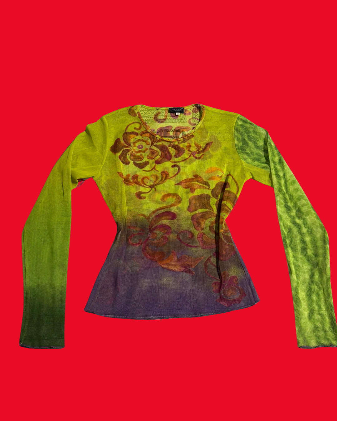 Y2K Sheer Mesh Long Sleeve Top – Green Ombré Abstract Floral Top (Size 10)