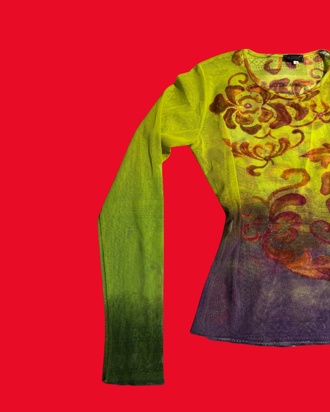 Y2K Sheer Mesh Long Sleeve Top – Green Ombré Abstract Floral Top (Size 10)