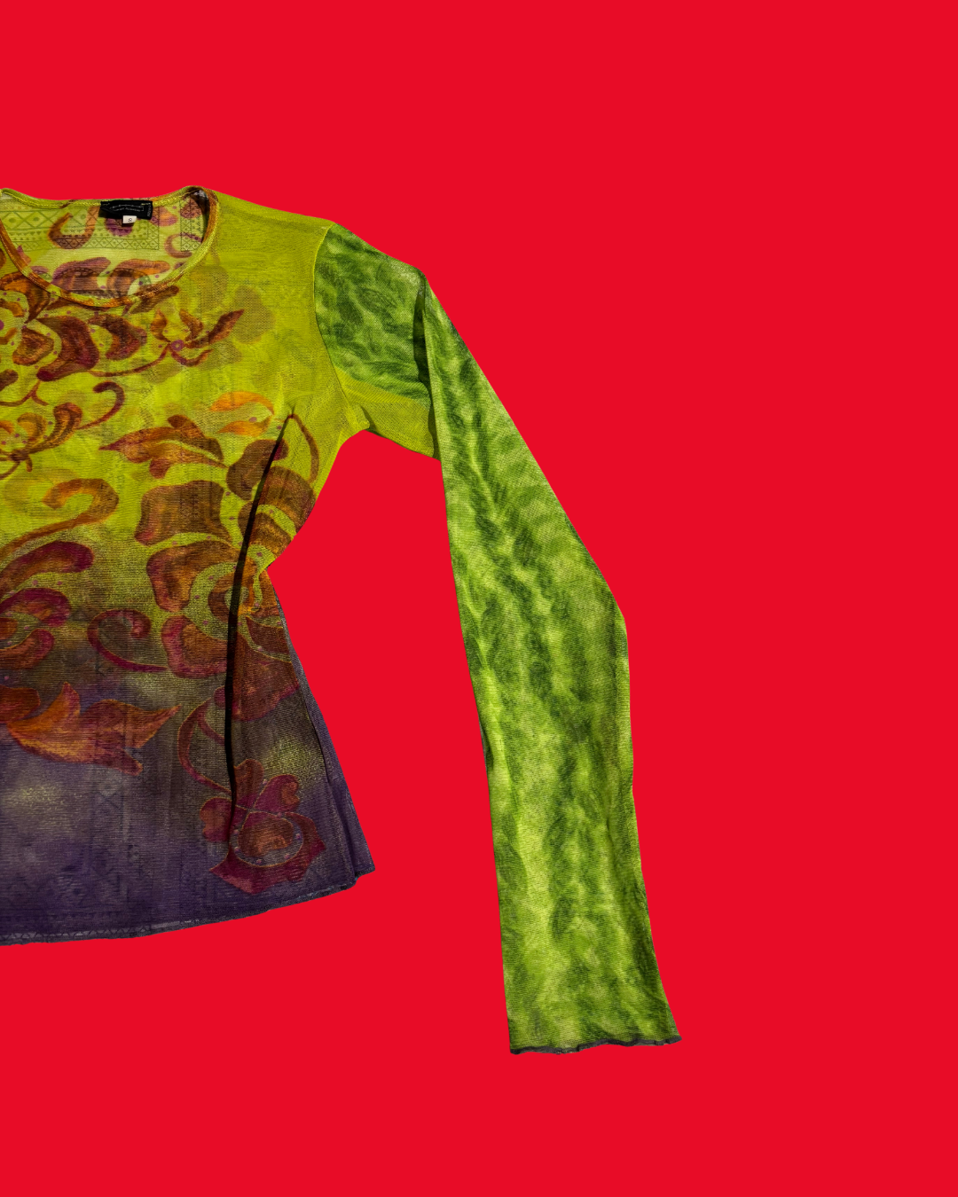 Y2K Sheer Mesh Long Sleeve Top – Green Ombré Abstract Floral Top (Size 10)